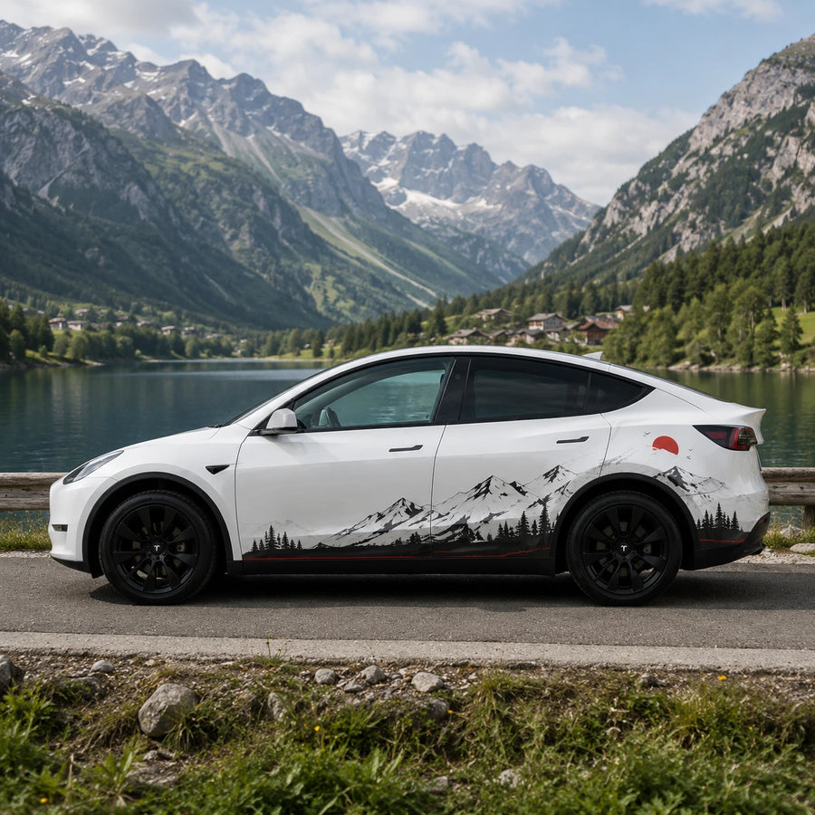 Tesla Model Y mountain forest panoramic full side wrap decal complete side view Italian alpine lake mountain summer green background