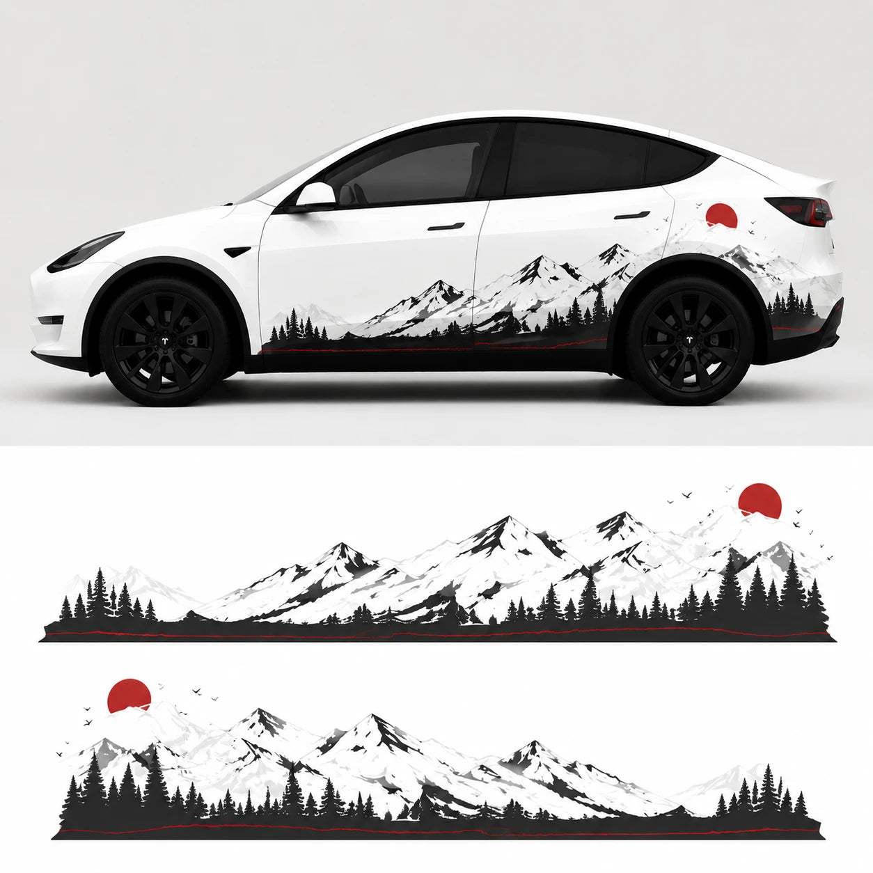 Tesla Model Y mountain forest full side wrap decal studio view with flat layout showing black white snow peak pine tree red sun red pinstripe left and right panels