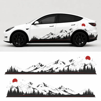 Tesla Model Y mountain forest full side wrap decal studio view with flat layout showing black white snow peak pine tree red sun red pinstripe left and right panels