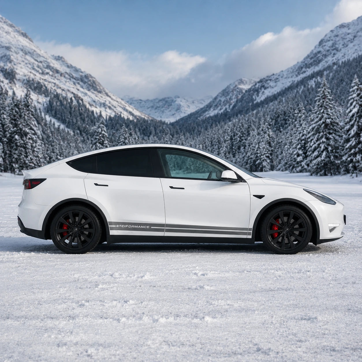 Tesla Model Y Performance Dual Motor side stripe decal full side view snowy alpine mountain valley pine forest background