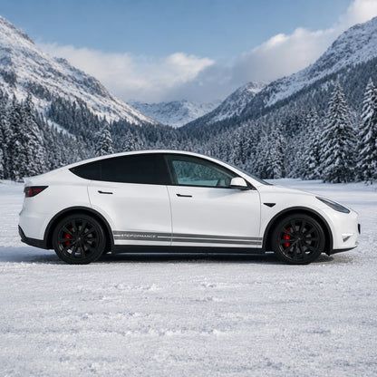 Tesla Model Y Performance Dual Motor side stripe decal full side view snowy alpine mountain valley pine forest background