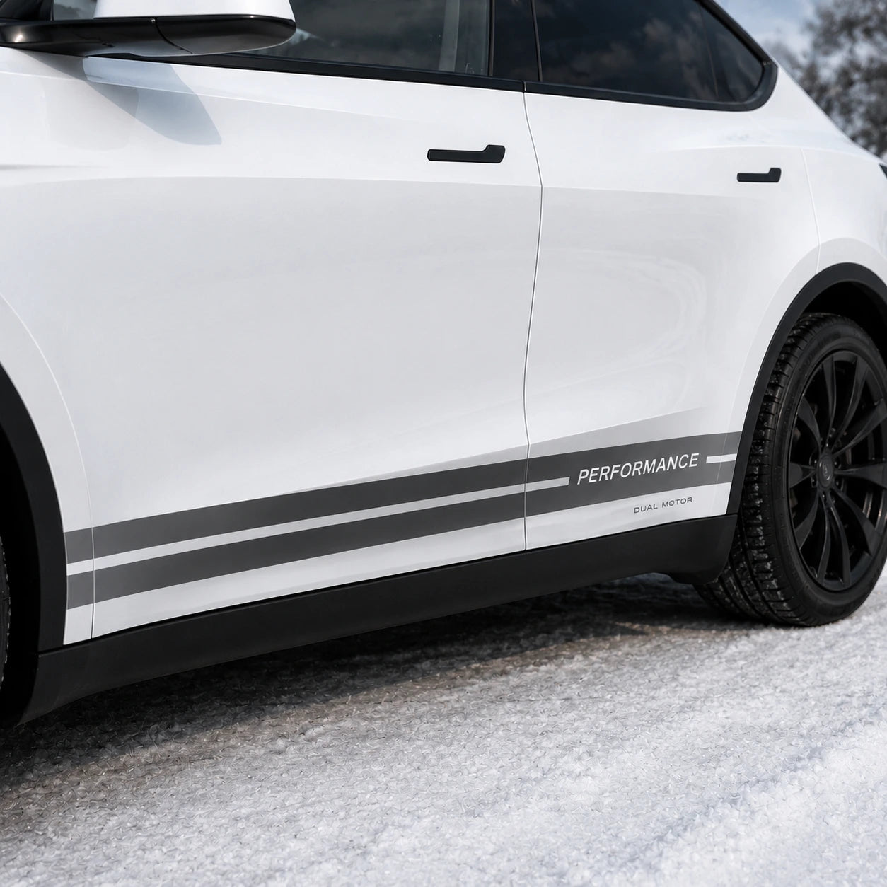 Tesla Model Y Performance Dual Motor rocker panel stripe decal close-up door panel detail gray white PERFORMANCE DUAL MOTOR lettering snowy background
