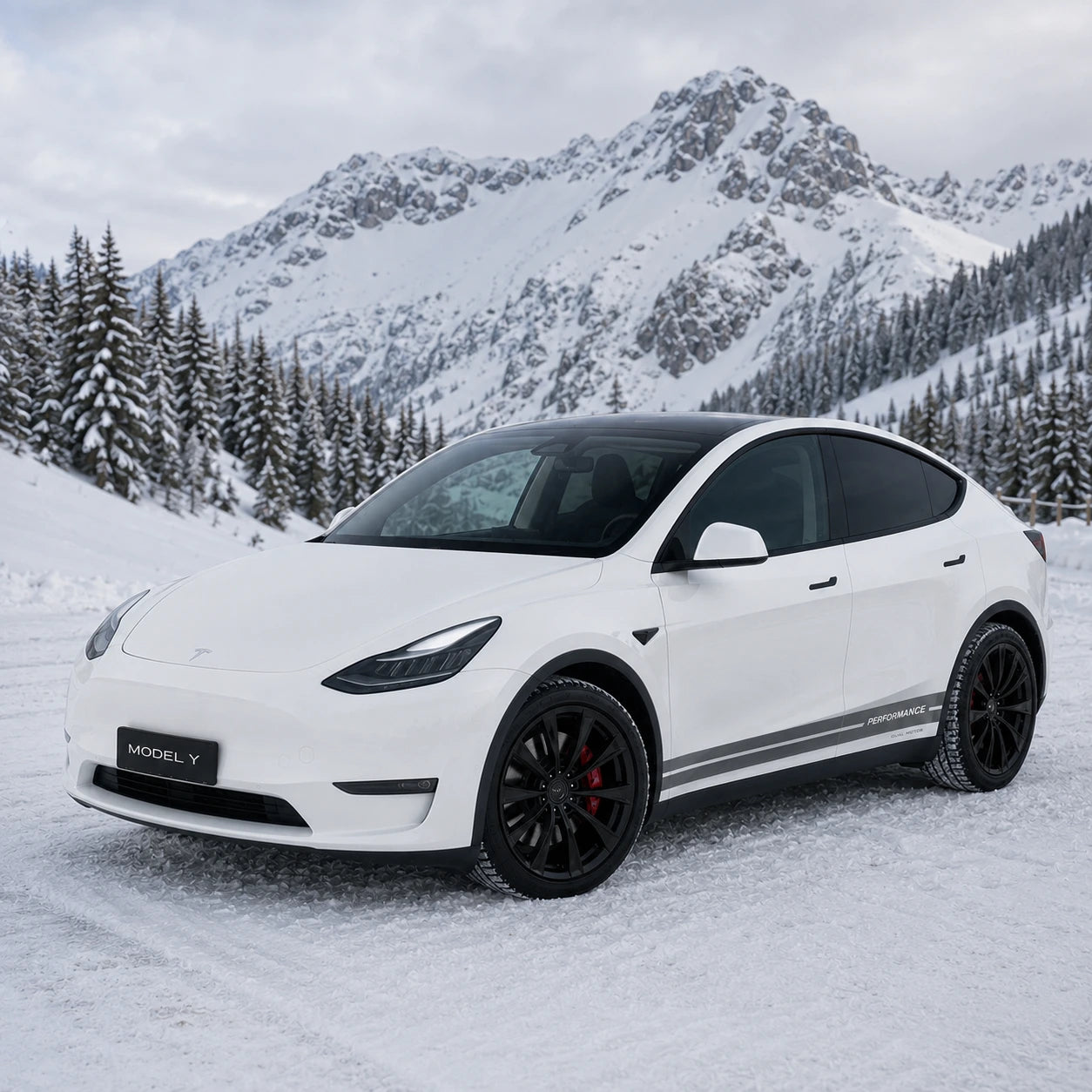 Tesla Model Y Performance Dual Motor side stripe rocker panel decal front view snowy mountain pine forest background