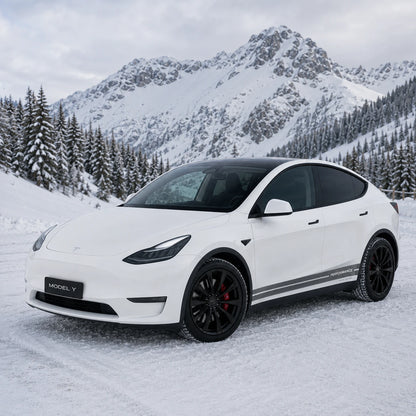 Tesla Model Y Performance Dual Motor side stripe rocker panel decal front view snowy mountain pine forest background