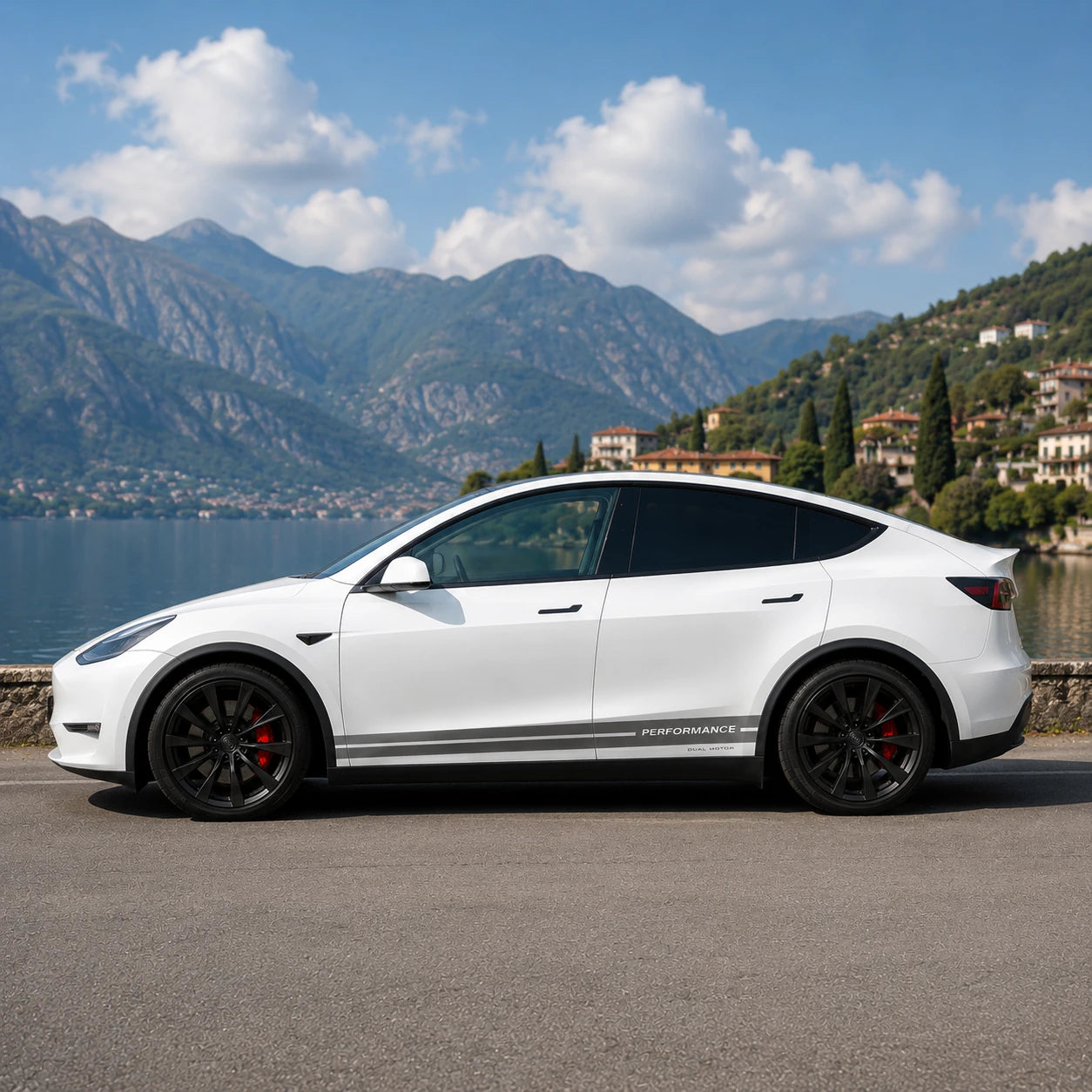 Tesla Model Y Performance Dual Motor rocker panel stripe decal full side view Italian Lake Como mountain background