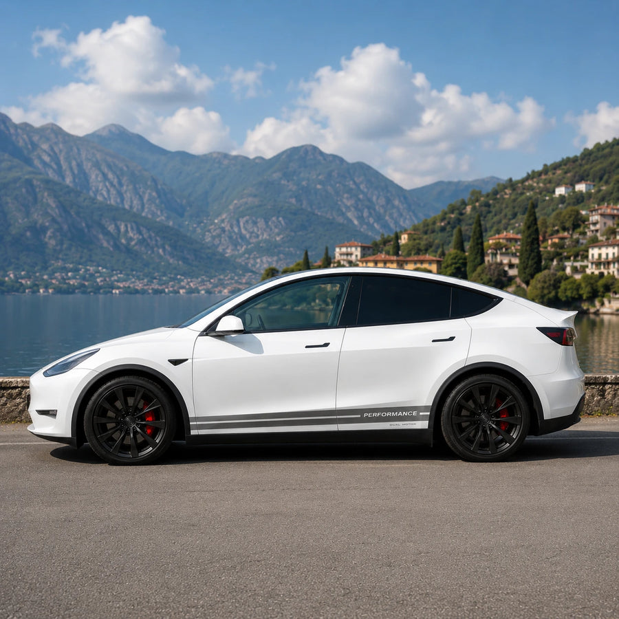 Tesla Model Y Performance Dual Motor rocker panel stripe decal full side view Italian Lake Como mountain background