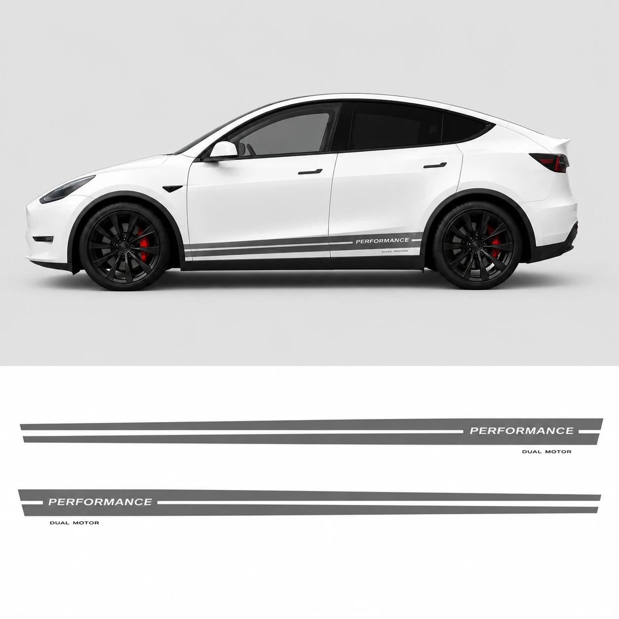 Tesla Model Y Performance Dual Motor side stripe decal studio view with flat layout showing gray multi-stripe rocker panel sticker left and right panels