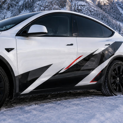 Tesla Model Y geometric racing stripe decal close-up door panel black white red angular design snowy mountain background