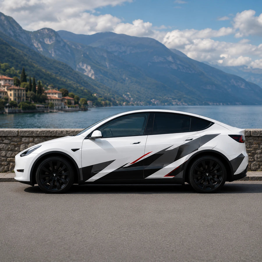 Tesla Model Y black white red geometric racing stripe side wrap decal - full side view Italian lake mountain background