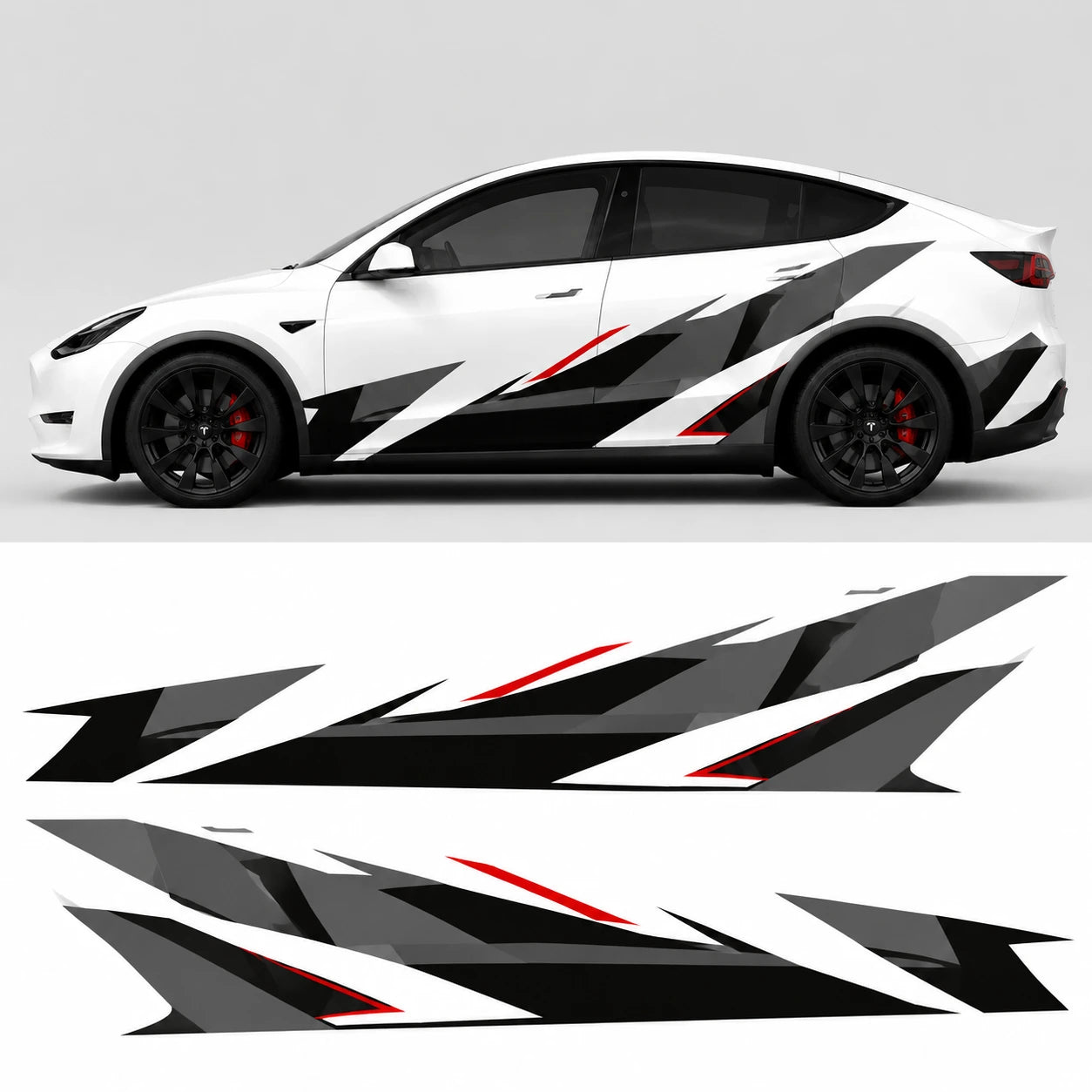 Tesla Model Y racing stripe geometric car decal studio view with flat layout showing black white red angular left and right panels