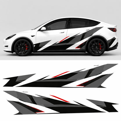 Tesla Model Y racing stripe geometric car decal studio view with flat layout showing black white red angular left and right panels