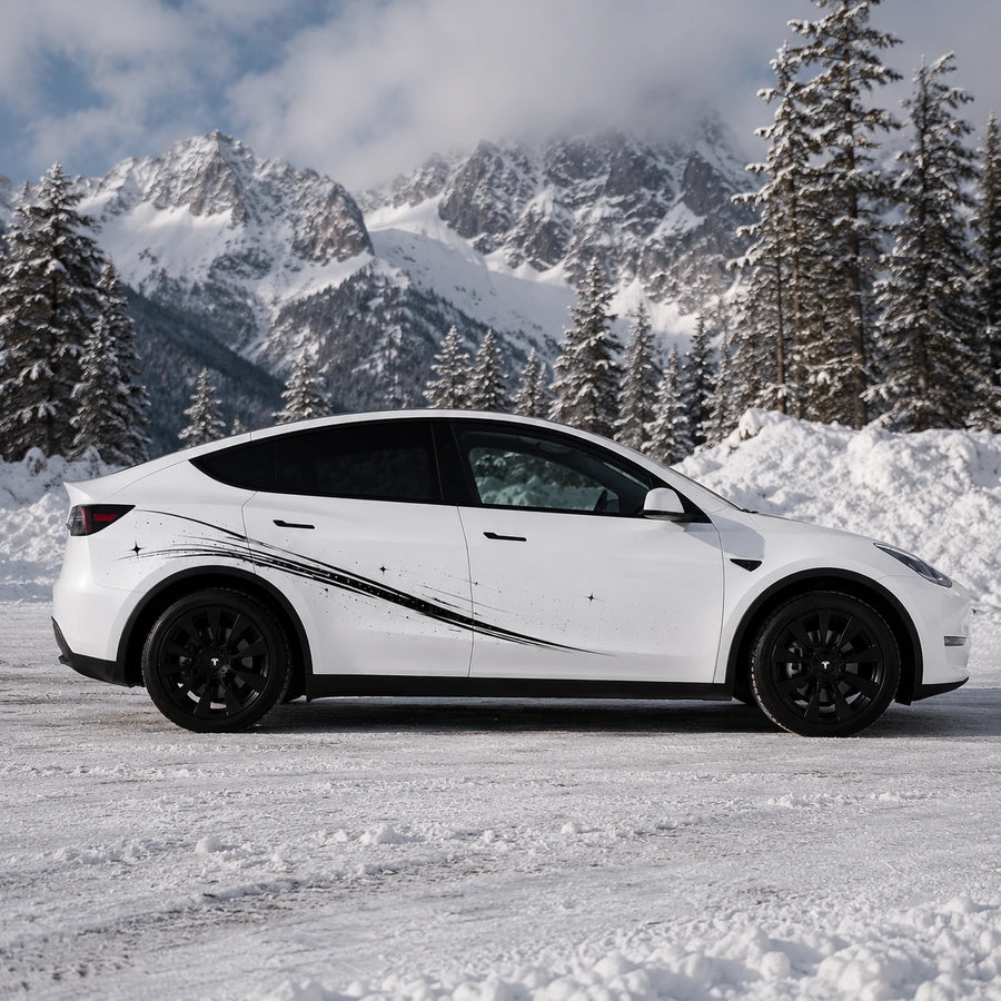 Tesla Model Y shooting star brushstroke sparkle side decal full side view snowy alpine mountain pine forest winter background black ink stroke sticker