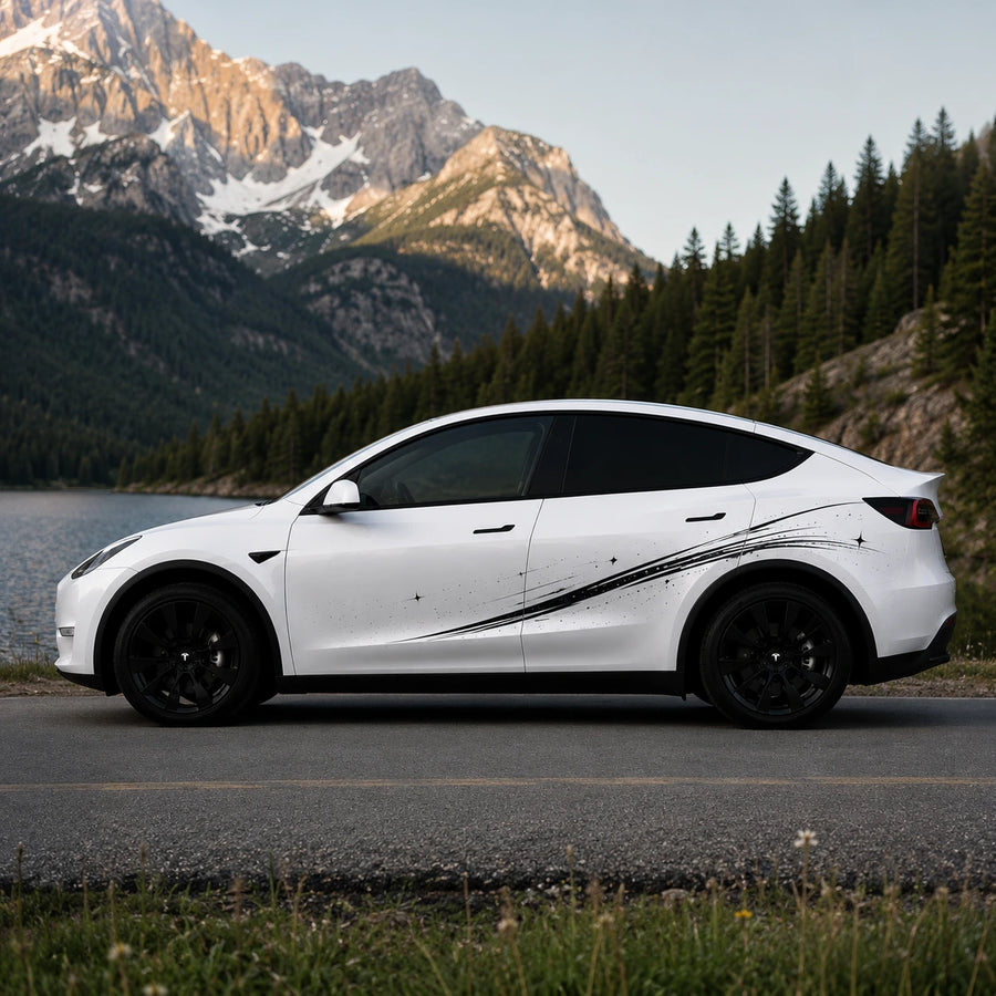 Tesla Model Y shooting star side wrap decal full side view mountain lake pine forest golden hour sunset summer background black brushstroke