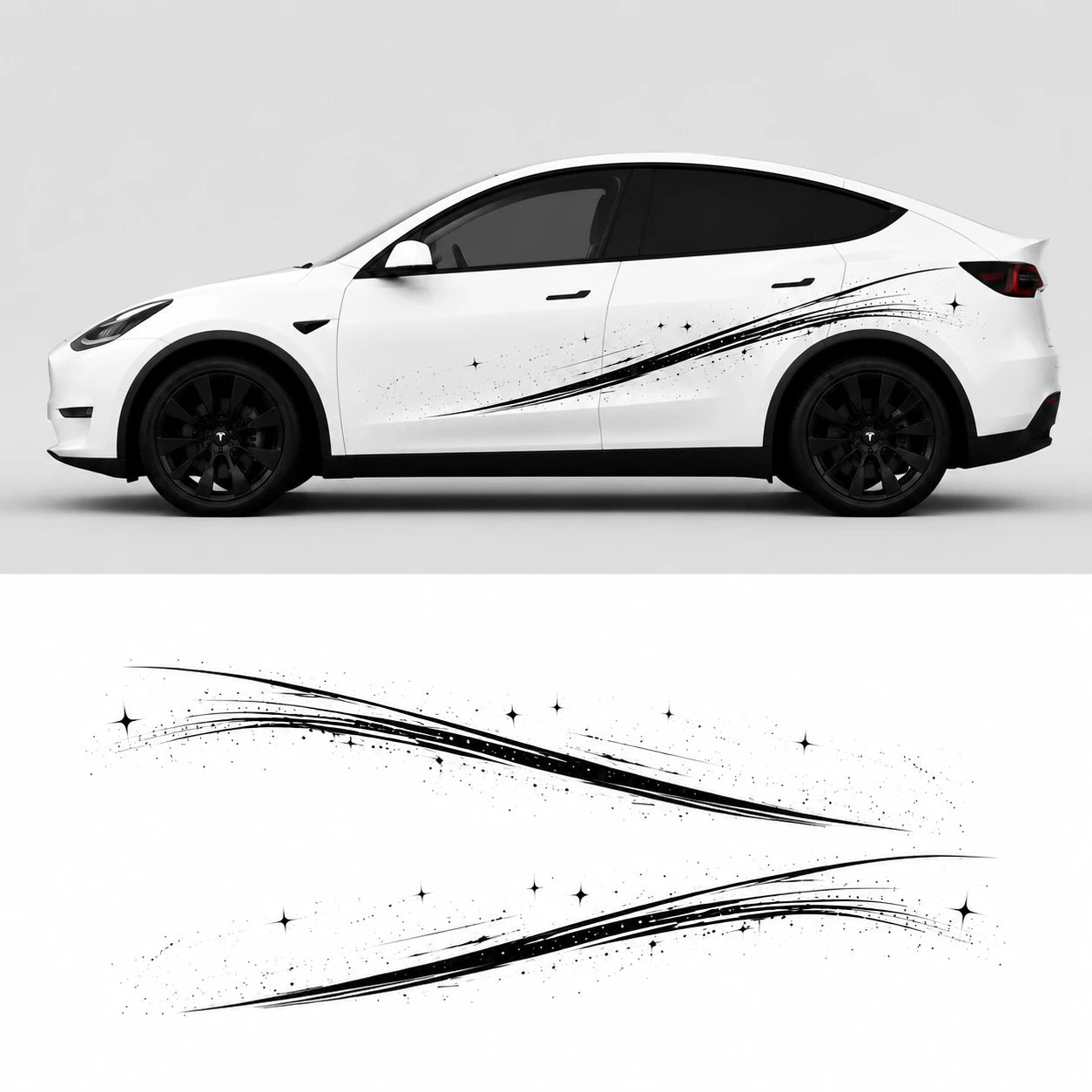Tesla Model Y shooting star brushstroke side decal studio view with flat layout showing black ink stroke four-pointed sparkle star left and right door panels