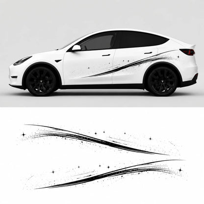 Tesla Model Y shooting star brushstroke side decal studio view with flat layout showing black ink stroke four-pointed sparkle star left and right door panels