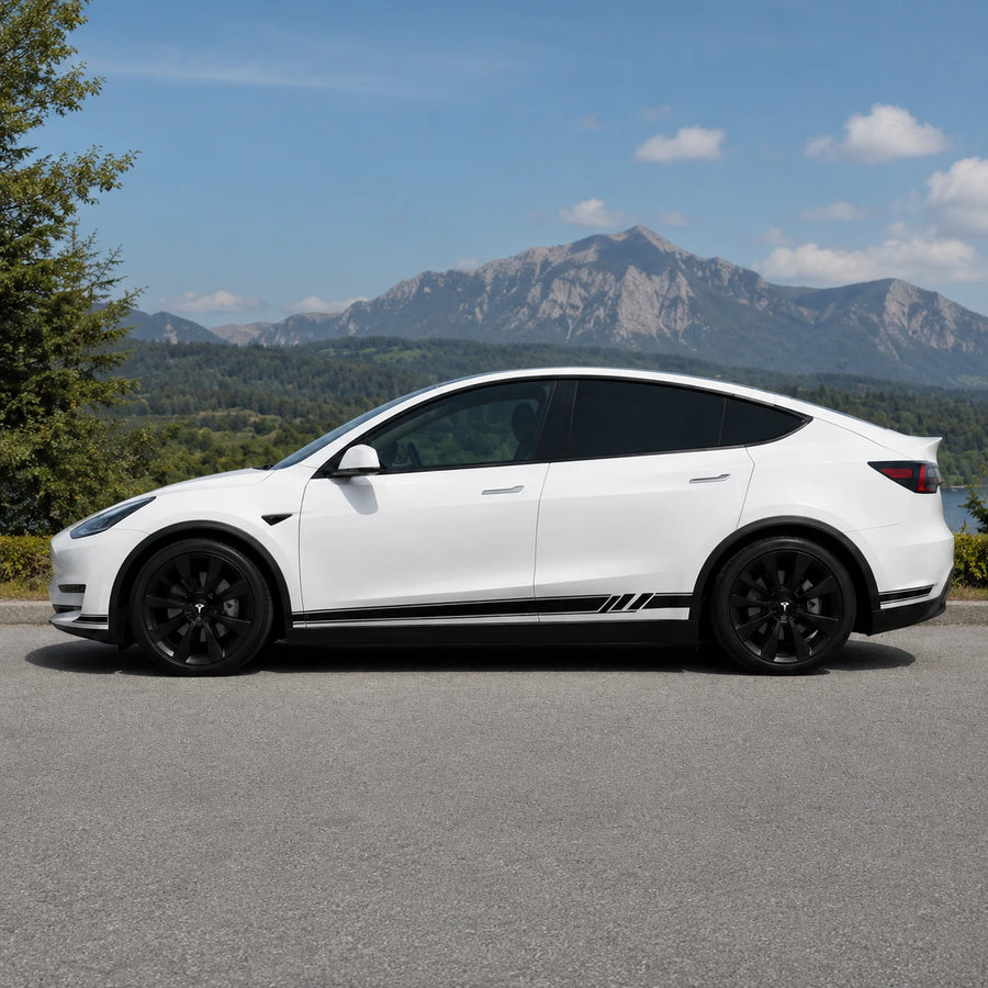 Tesla Model Y TESLA logo side stripe rocker panel decal full side view alpine mountain lake summer green background