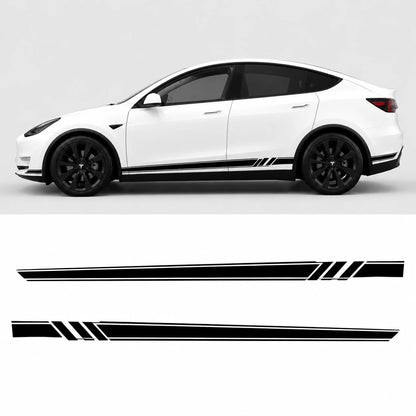 Tesla Model Y black white side stripe rocker decal studio view with flat layout showing TESLA logo racing sticker left and right panels