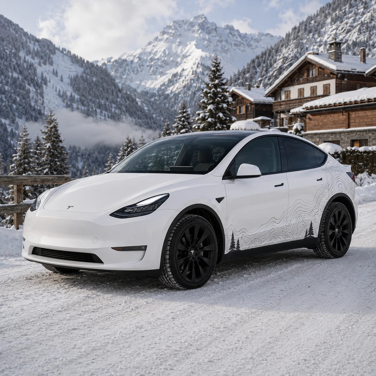 Tesla Model Y topographic mountain pine tree decal front three-quarter view snowy alpine chalet mountain village winter background