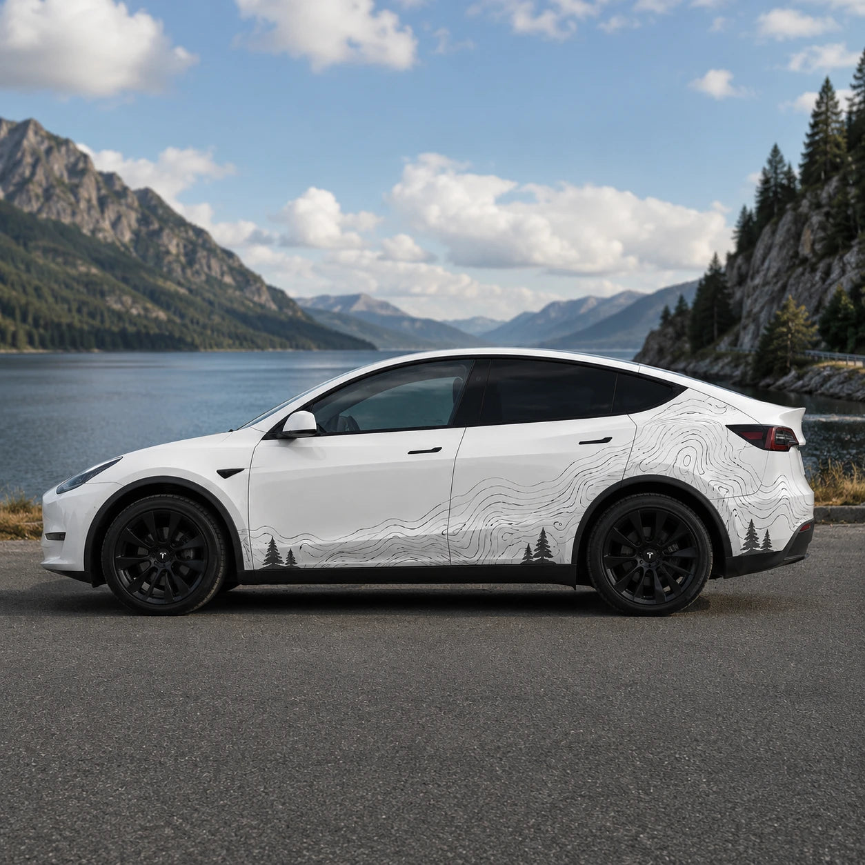 Tesla Model Y topographic contour line nature side wrap decal full side view mountain lake scenic background