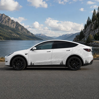 Tesla Model Y topographic contour line nature side wrap decal full side view mountain lake scenic background