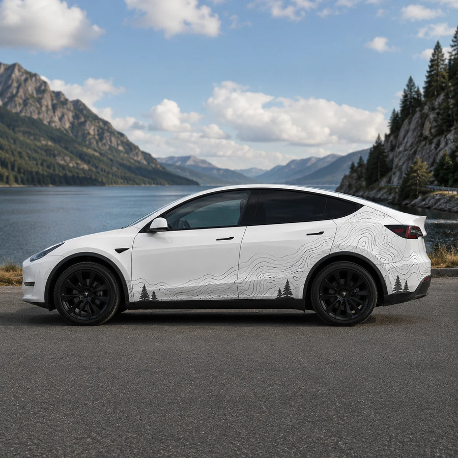 Tesla Model Y topographic contour line nature side wrap decal full side view mountain lake scenic background