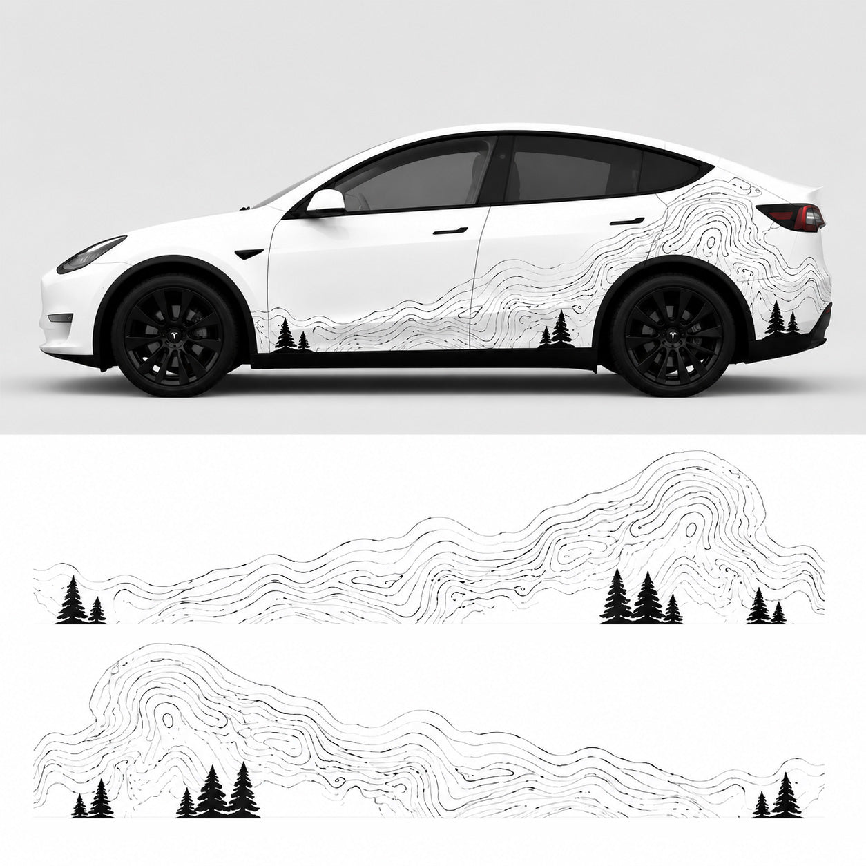 Tesla Model Y topographic mountain nature car decal studio side view with flat decal layout showing contour lines and pine tree silhouettes left right panels
