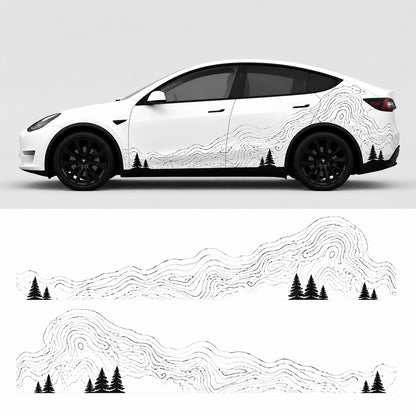 Tesla Model Y topographic mountain nature car decal studio side view with flat decal layout showing contour lines and pine tree silhouettes left right panels