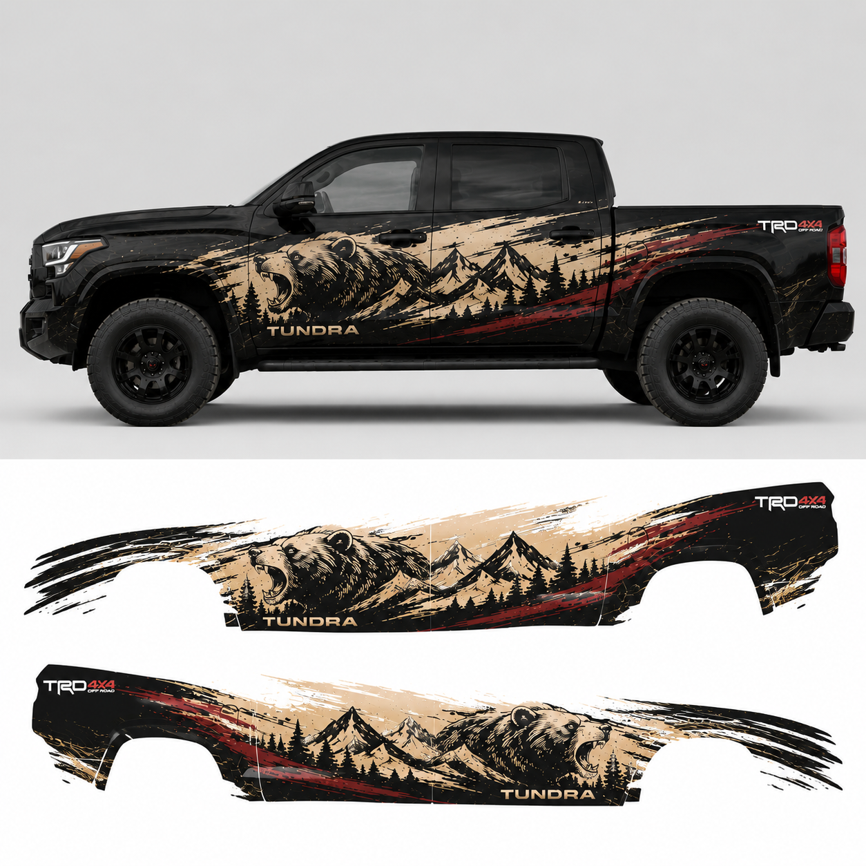 Toyota Tundra aggressive bear mountain decal design preview showing full side profile on truck and flat artwork layout for driver and passenger sides in tan, black, and red