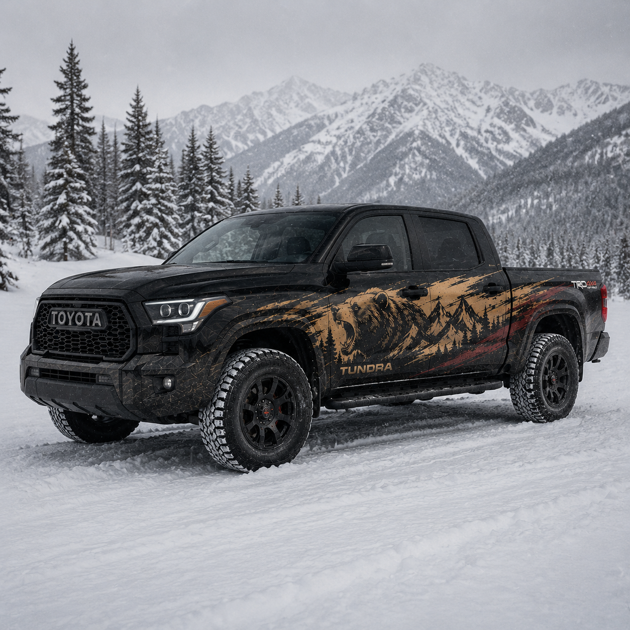 Black Toyota Tundra TRD with aggressive roaring bear and mountain forest decal in tan, black, and red, parked in snowy mountain landscape