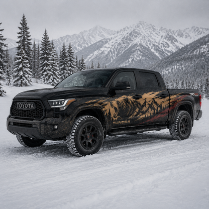Black Toyota Tundra TRD with aggressive roaring bear and mountain forest decal in tan, black, and red, parked in snowy mountain landscape