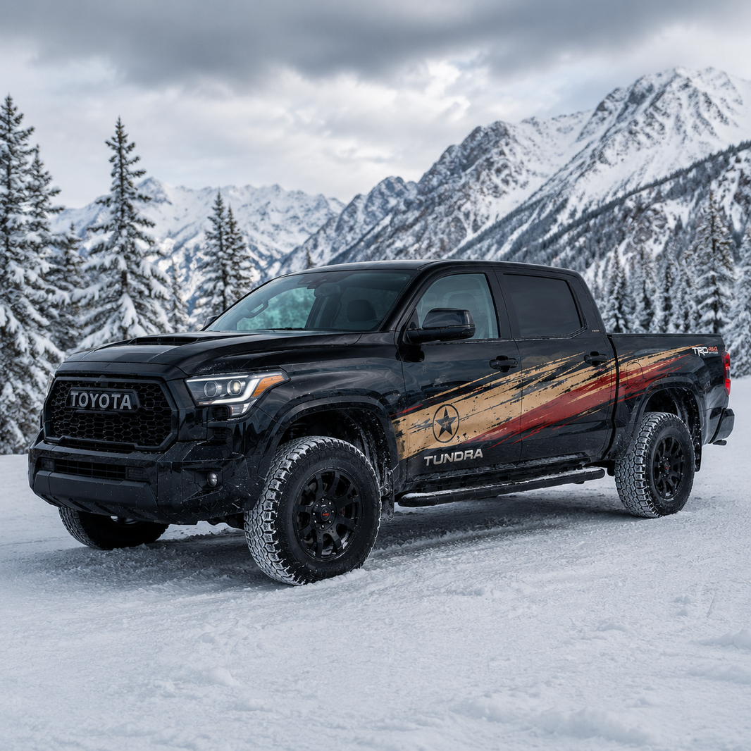 Black Toyota Tundra with distressed star racing stripe decal in red and gold, parked in snowy mountain landscape