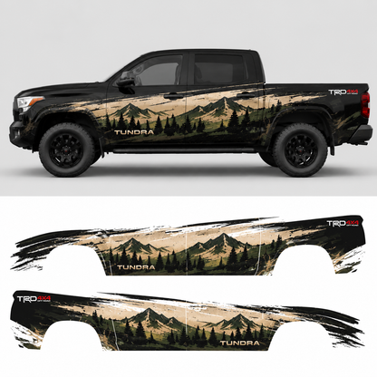 Toyota Tundra mountain forest landscape decal design preview showing full side profile on truck and flat artwork layout for driver and passenger sides