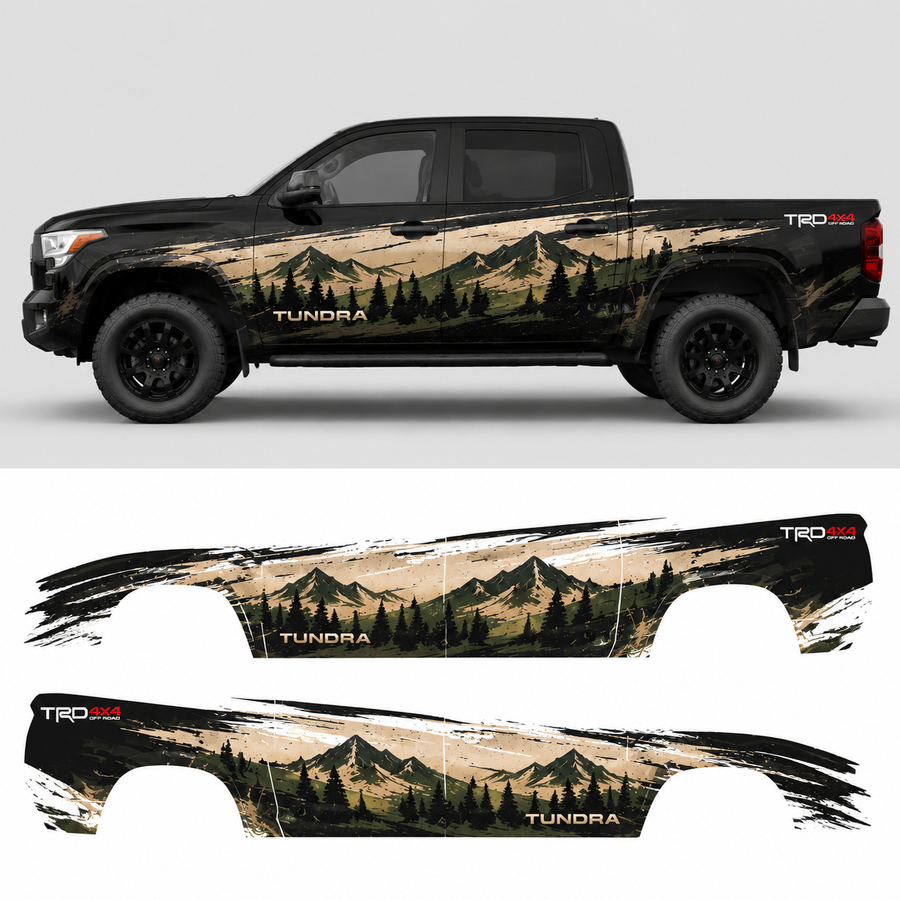 Toyota Tundra mountain forest landscape decal design preview showing full side profile on truck and flat artwork layout for driver and passenger sides