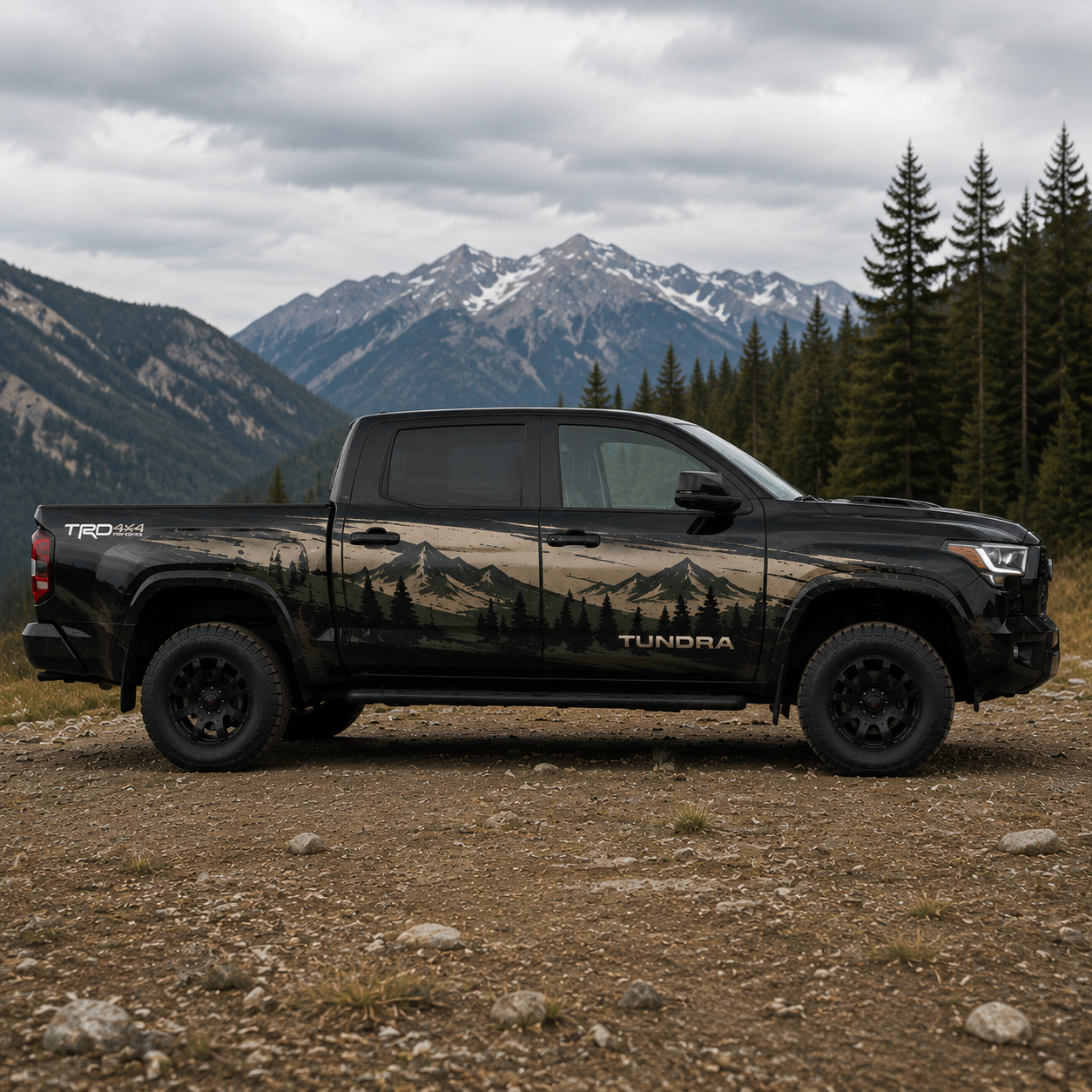 Black Toyota Tundra TRD side profile showing mountain forest landscape vinyl decal with pine trees and snow-capped peaks in background