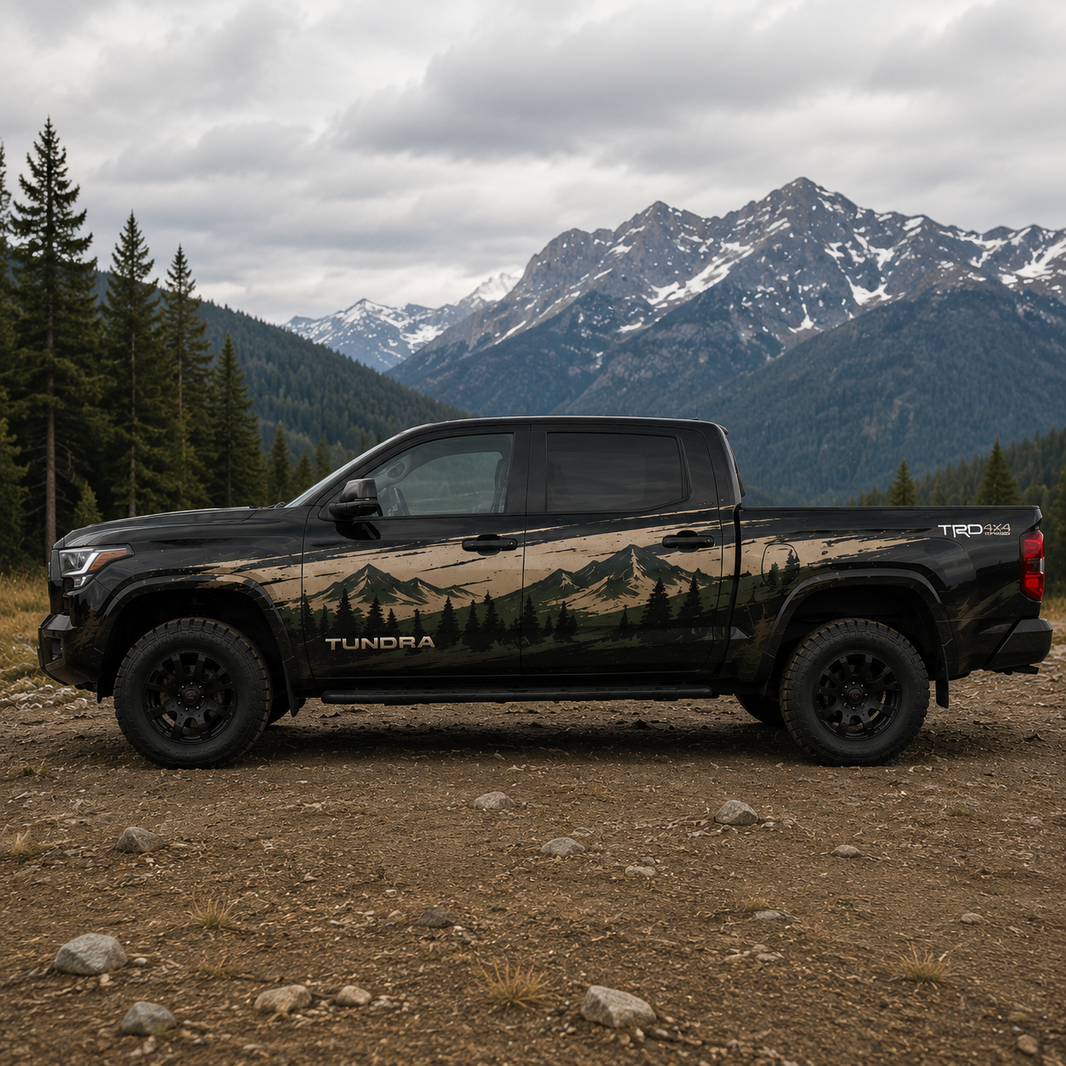 Side view of black Toyota Tundra TRD 4x4 with mountain and pine forest landscape decal, parked on rocky terrain with alpine mountain background