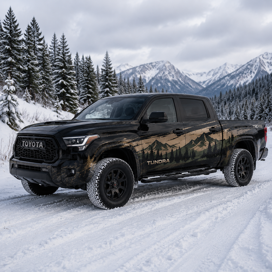 Black Toyota Tundra TRD with mountain forest landscape decal in tan and dark green, parked on snowy road with pine trees and mountain backdrop