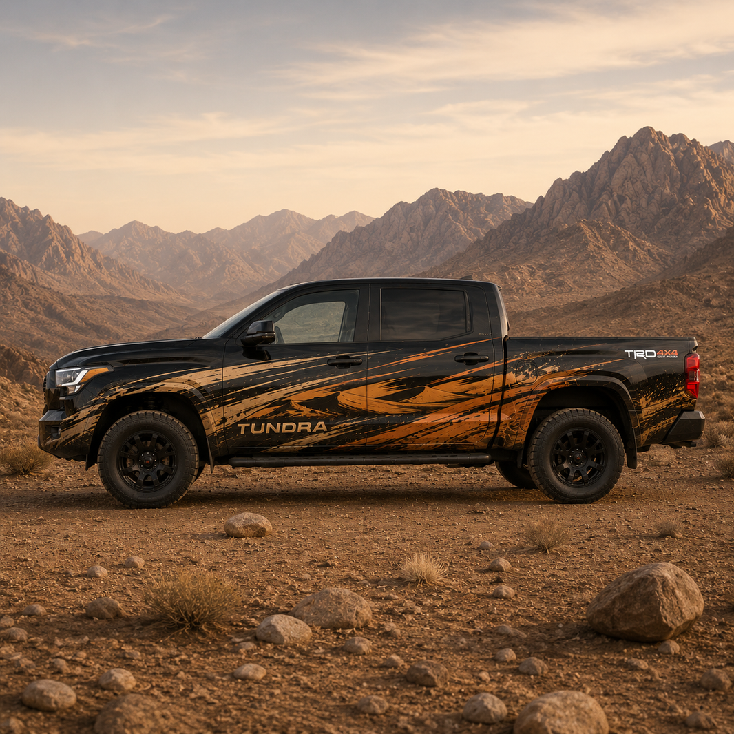 Side view of black Toyota Tundra TRD 4x4 with orange brush stroke racing stripe decal against desert mountain backdrop