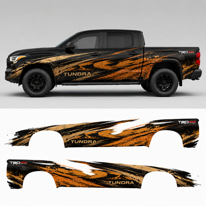 Toyota Tundra orange brush stroke racing stripe decal shown on truck side profile and flat artwork layout for both sides