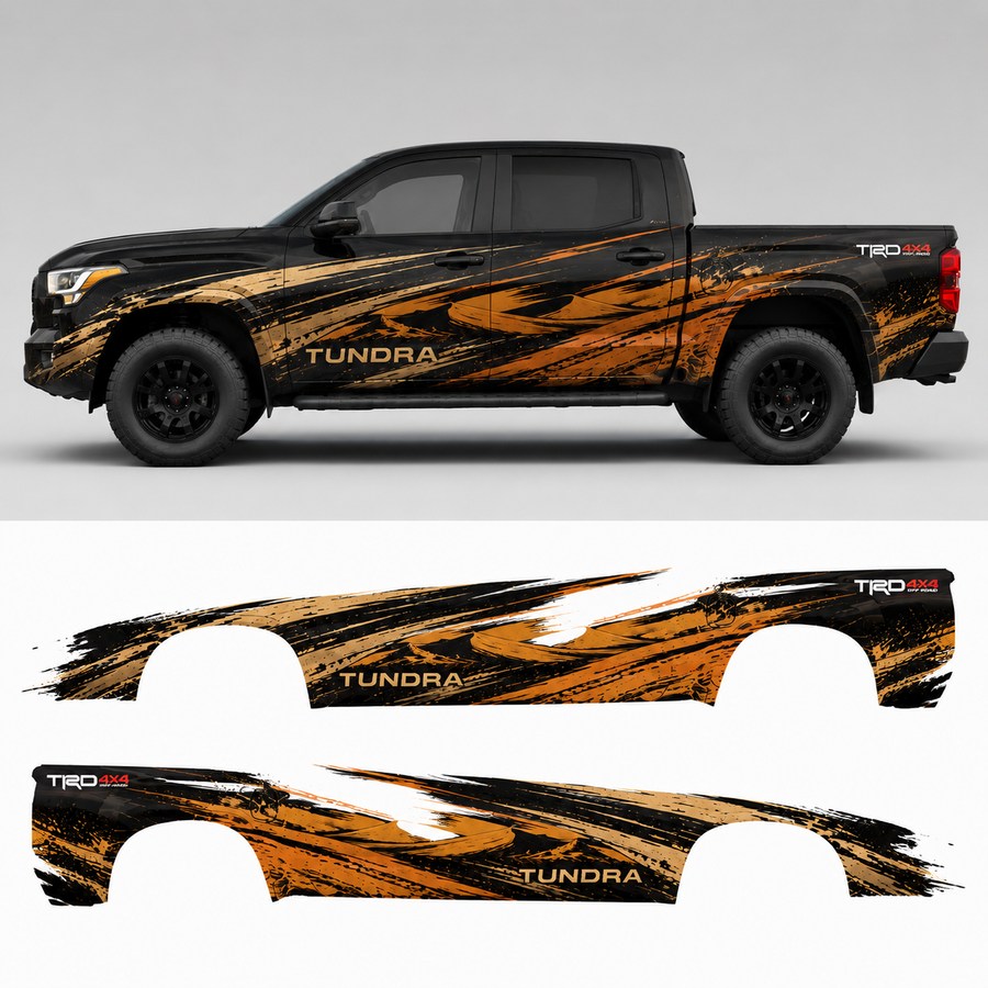 Toyota Tundra orange brush stroke racing stripe decal shown on truck side profile and flat artwork layout for both sides