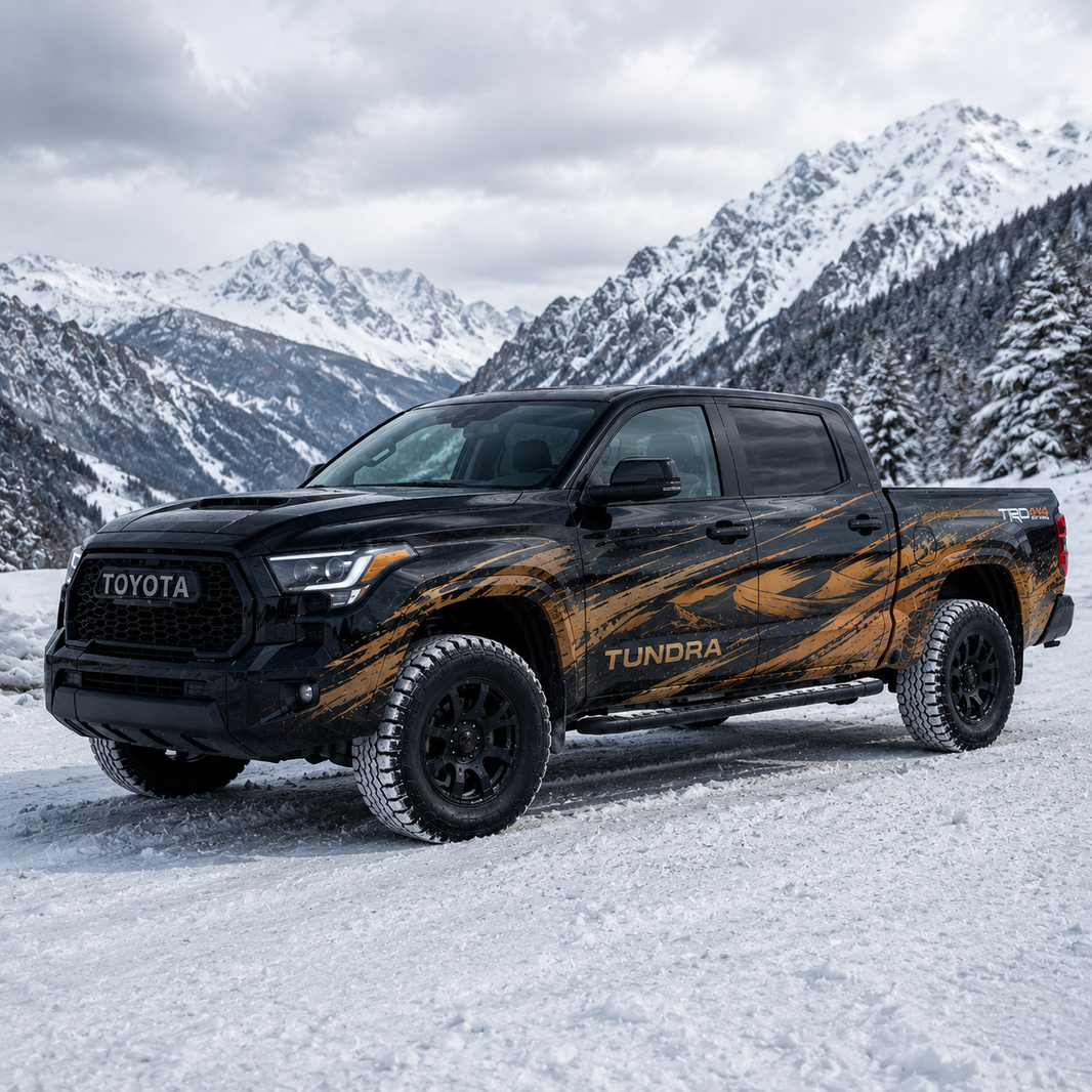 Black Toyota Tundra TRD with orange and black brush stroke racing stripe decal, parked in snowy mountain landscape