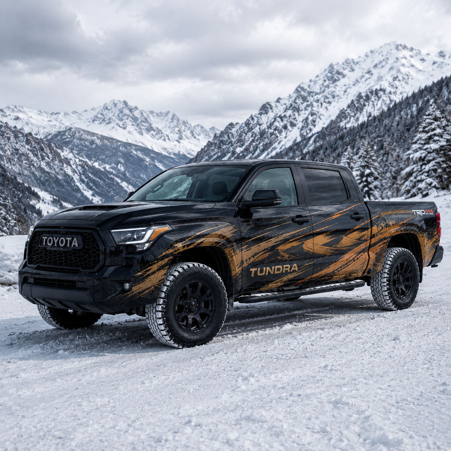 Black Toyota Tundra TRD with orange and black brush stroke racing stripe decal, parked in snowy mountain landscape