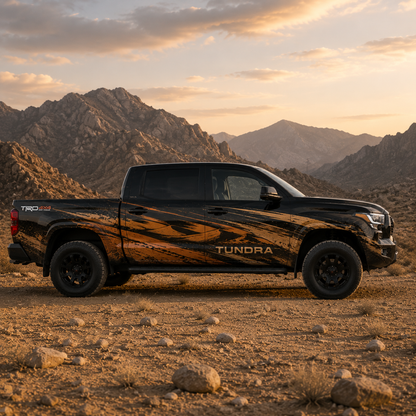 Black Toyota Tundra TRD with orange and black brush stroke vinyl decal, side profile at desert sunset