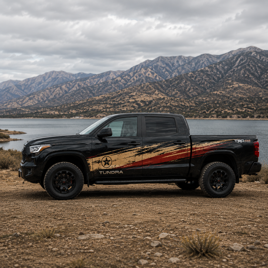 Side view of black Toyota Tundra TRD with patriotic distressed star stripe decal in gold and red, desert lake background