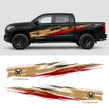 Toyota Tundra with distressed star racing stripe decal shown in side profile and flat decal artwork preview, red gold and black color scheme