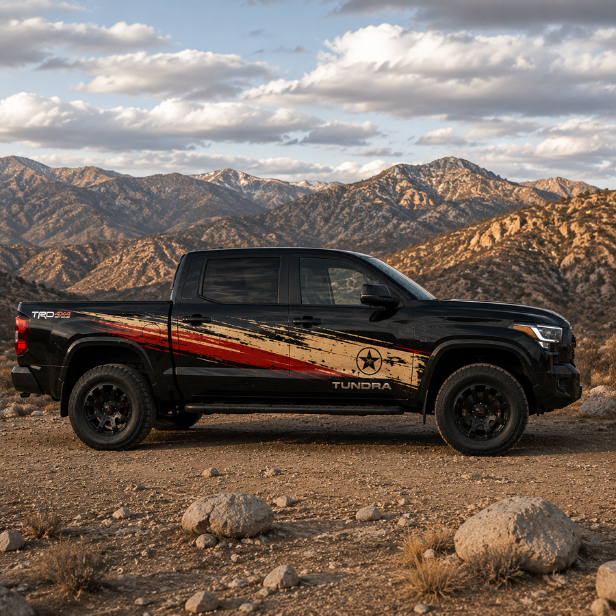 Black Toyota Tundra TRD 4x4 with distressed racing stripe vinyl decal, side profile view against desert mountain backdrop