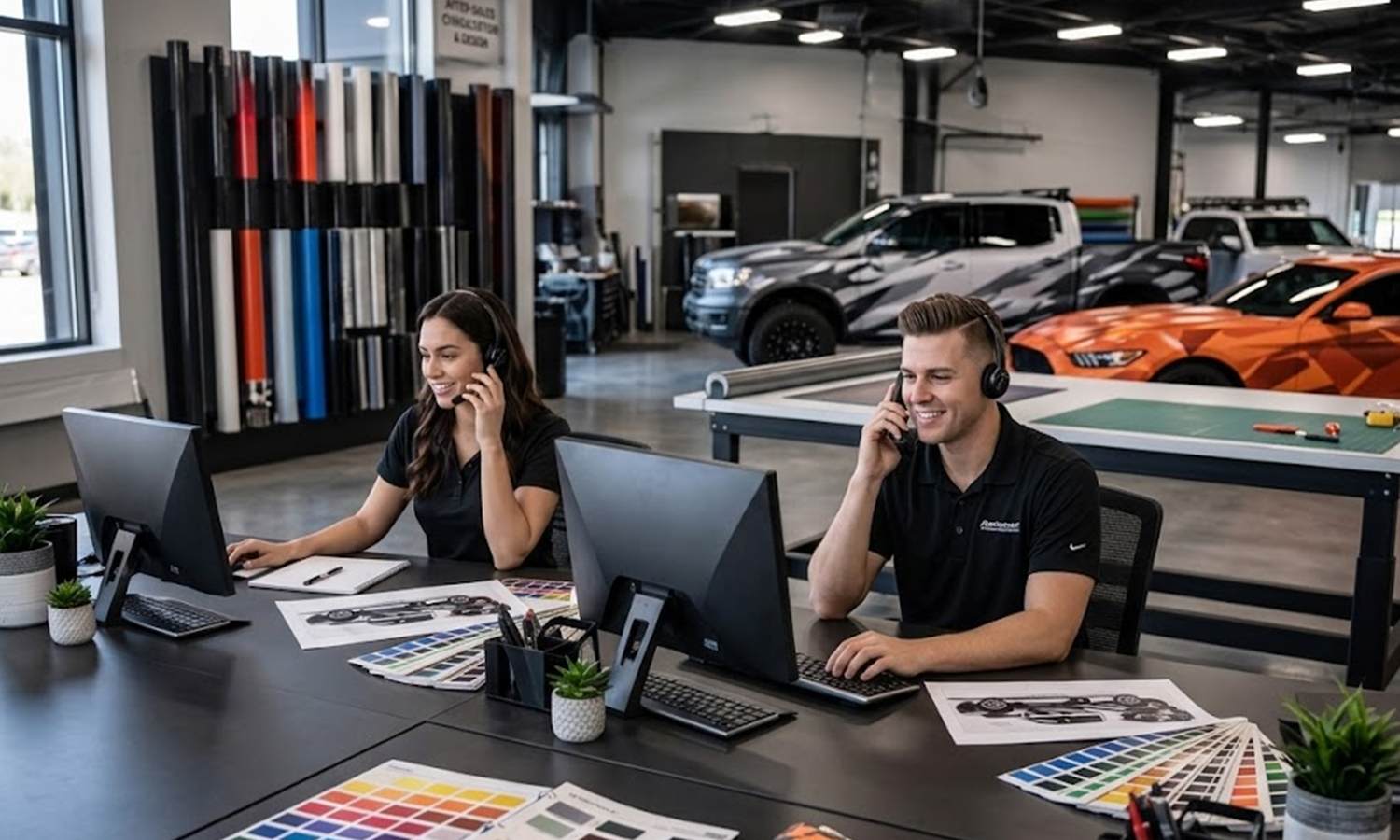 Custom vehicle decal shop team reviewing design samples and color swatches for car wraps and graphics