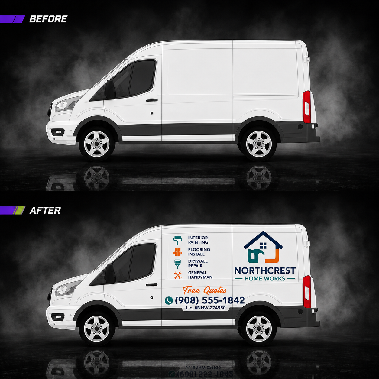 Before and after comparison of cargo van with WEEM Custom Northcrest Home Works business decal — plain white van transformed into branded fleet vehicle