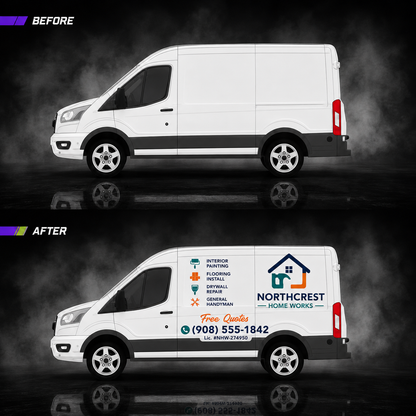 Before and after comparison of cargo van with WEEM Custom Northcrest Home Works business decal — plain white van transformed into branded fleet vehicle