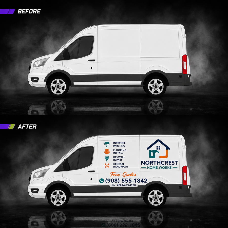 Before and after comparison of cargo van with WEEM Custom Northcrest Home Works business decal — plain white van transformed into branded fleet vehicle