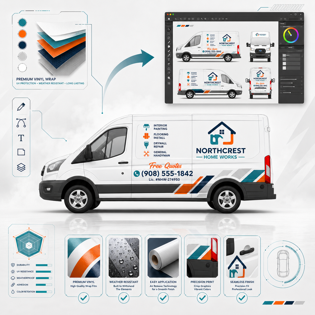 WEEM Custom business van decal design tool showing Northcrest Home Works fleet branding with premium vinyl material quality badges and multi-angle preview
